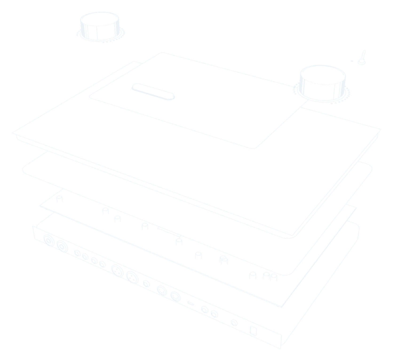 Exploded technical drawing of BACKTAPE: controls, screen, top plate, light guide, engine board and chassis