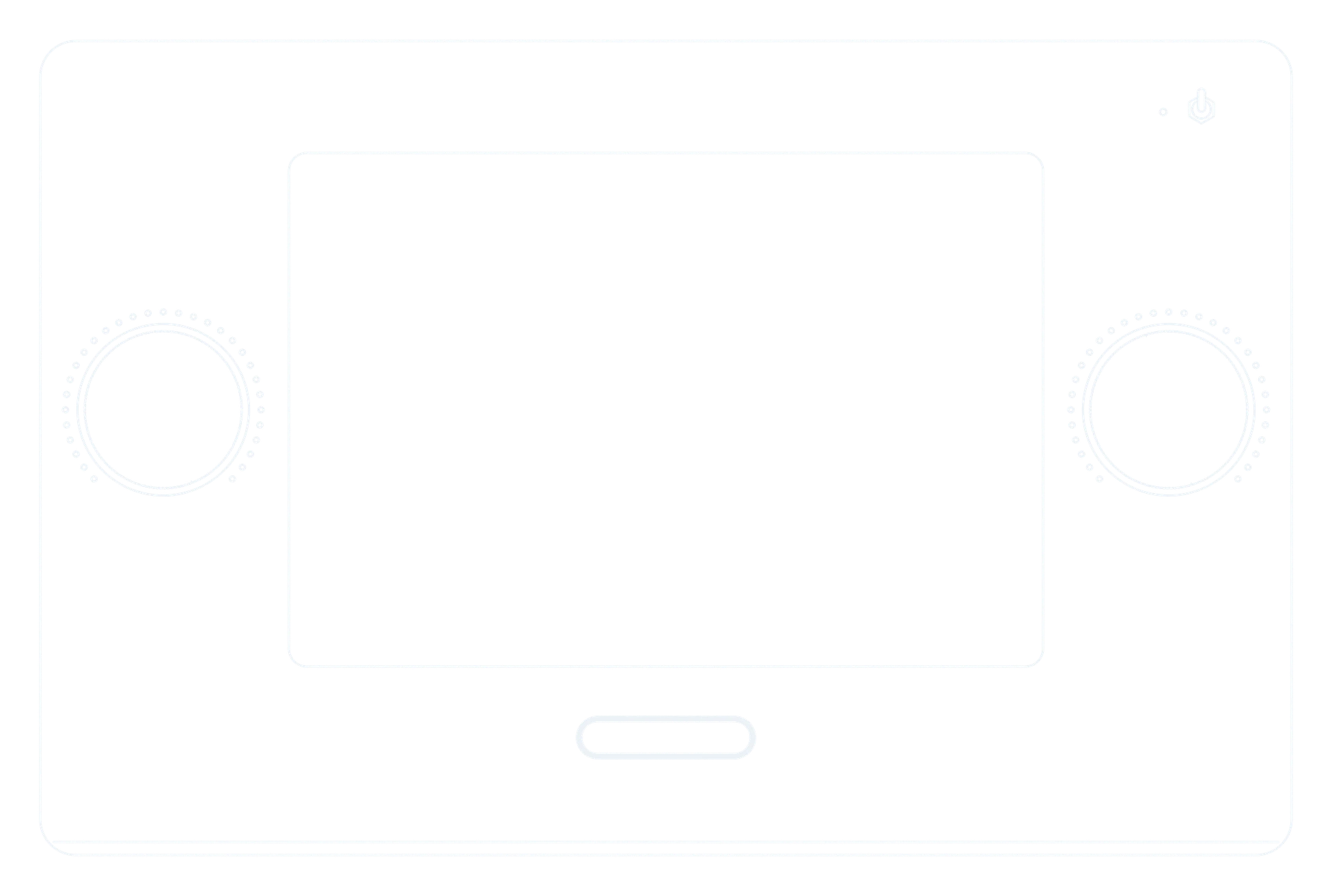 Technical drawing of BACKTAPE seen from above: two knobs, the screen, the ADVANCED button and the power switch